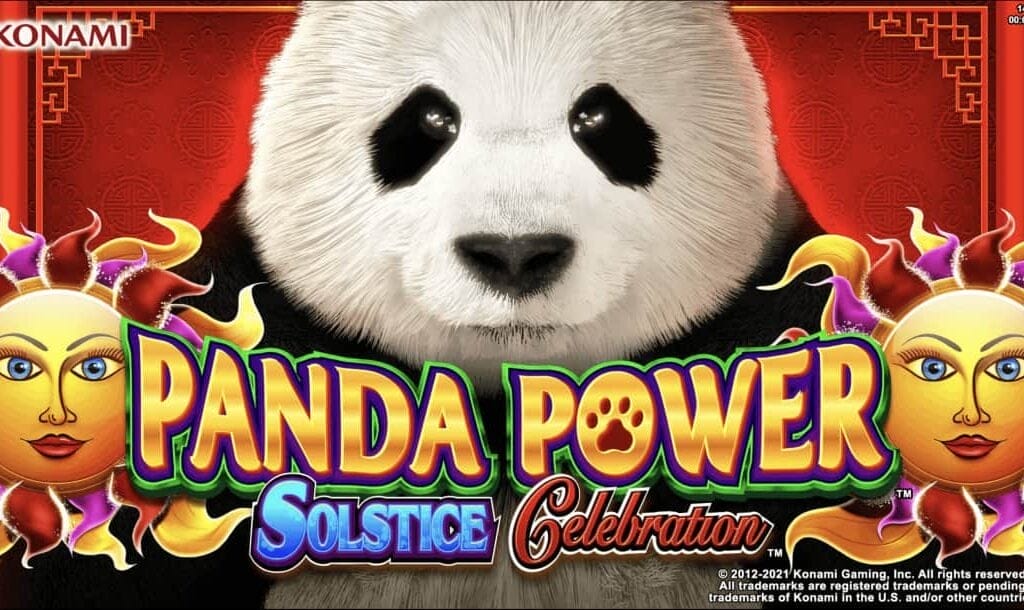 The title screen for Panda Power Solstice Celebration. A sun icon appears on either side of the title. Each sun has a mix of gold, red, and purple rays. A panda appears behind the logo, and there is a red wall in the background with subtle geometric details.