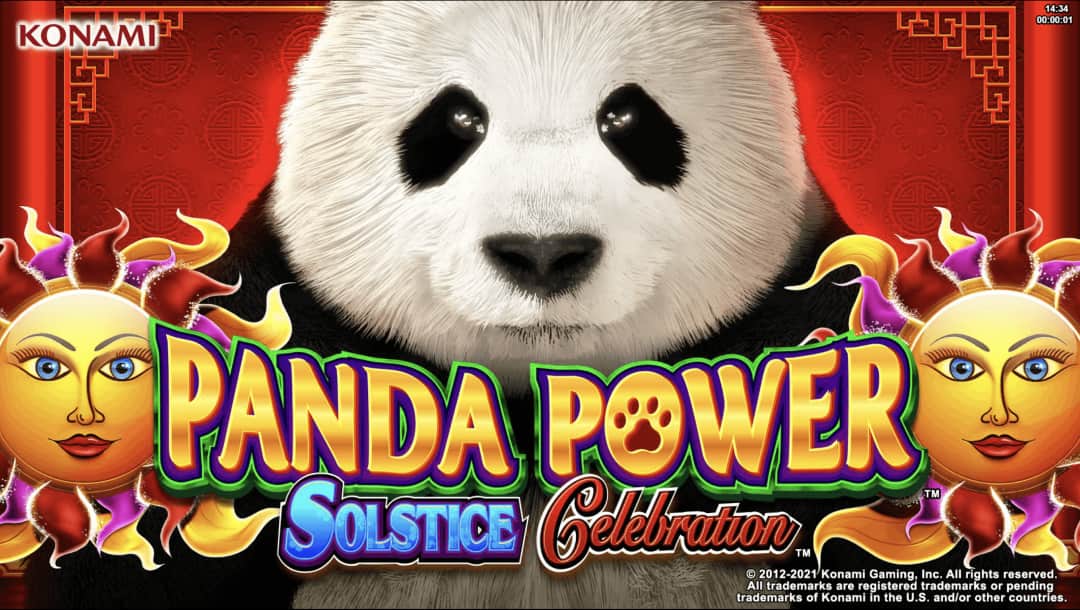 The title screen for Panda Power Solstice Celebration. A sun icon appears on either side of the title. Each sun has a mix of gold, red, and purple rays. A panda appears behind the logo, and there is a red wall in the background with subtle geometric details.