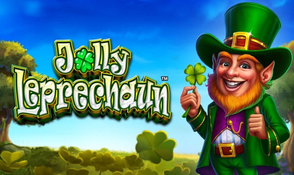 The Jolly Leprechaun online slot game banner featuring the game logo, a leprechaun on the right side of the image, and a field of four-leaf clovers with a tree in the background.