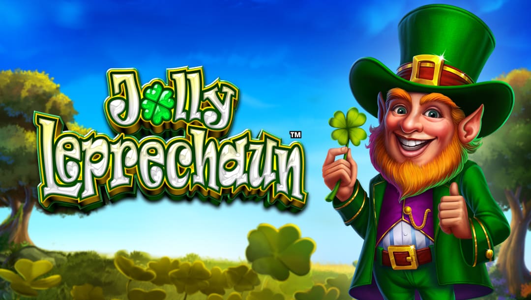 The Jolly Leprechaun online slot game banner featuring the game logo, a leprechaun on the right side of the image, and a field of four-leaf clovers with a tree in the background.