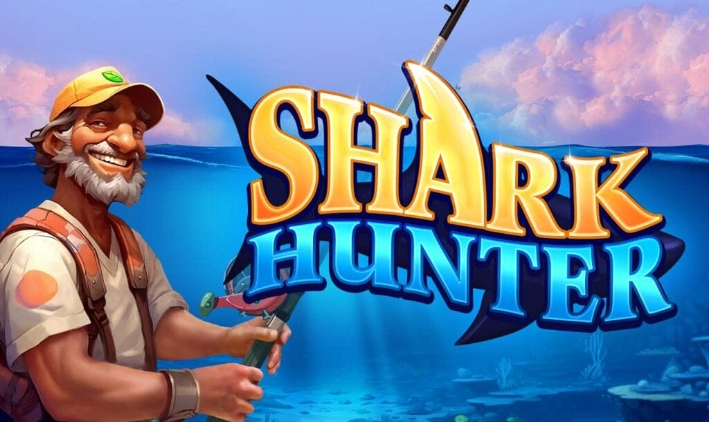 The Shark Hunter online slot game banner featuring the game logo, a fisherman on the left-hand side of the screen, and an underwater setting in the background.