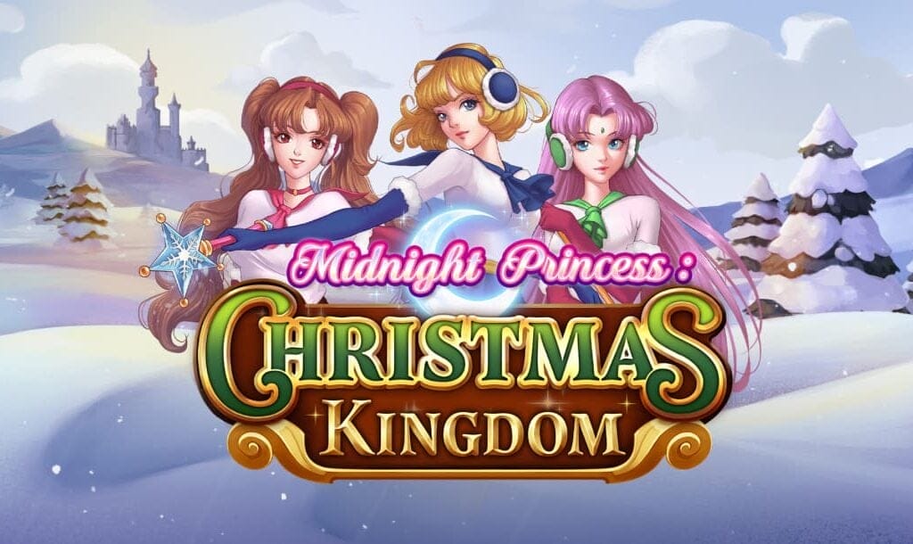 The title screen for Midnight Princess: Christmas Kingdom. The three Midnight Princesses — one blonde, one brunette, and one with purple hair — appear behind the game logo. In the background, there is a snowy landscape with a castle in the distance.