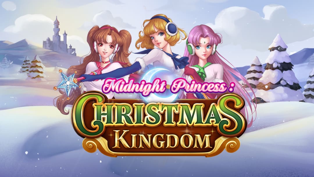 The title screen for Midnight Princess: Christmas Kingdom. The three Midnight Princesses — one blonde, one brunette, and one with purple hair — appear behind the game logo. In the background, there is a snowy landscape with a castle in the distance.