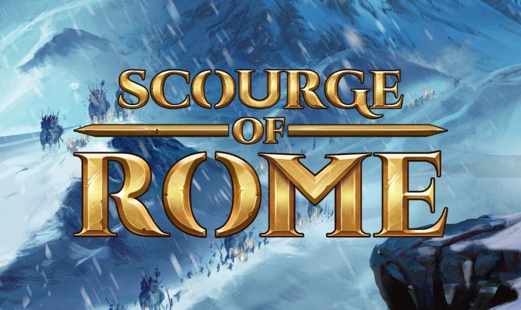 The Scourge of Rome online slot game banner featuring the game logo with a snowy mountain and a Roman army in the background.