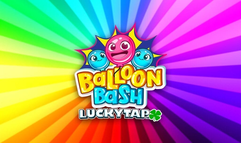 The Balloon Bash LuckyTap title screen. Beams of different colored lights shine out from the center of the screen. The game logo sits in the center of these different colored beams of light.