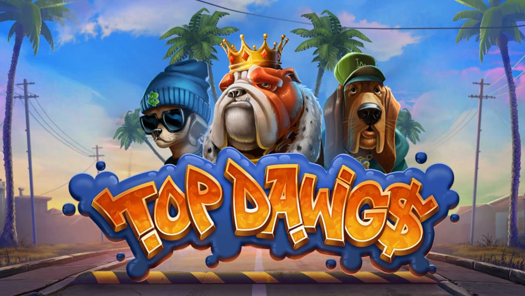 The title screen for the Top Dawgs slot game. The game title is spelled out in graffiti-style orange letters with a blue border. Behind it are three dogs, one wearing a beanie, one wearing a crown, and another wearing a cap. The background is a realistic depiction of a quiet road.