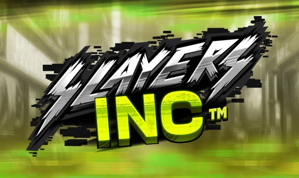 The Slayers Inc title screen. The background is a blurry street of black-and-white buildings with green and yellow smudges of color bordering the top and bottom. In the foreground is the game title.