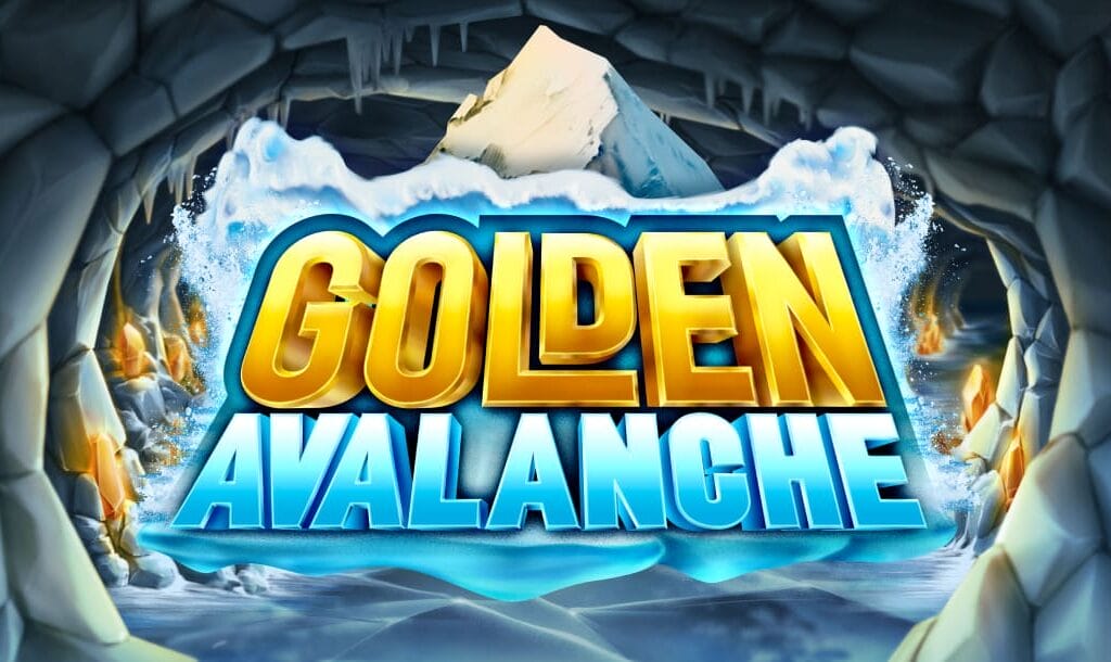 The Golden Avalanche online slot game banner featuring the game logo, snow-capped peaks, and shimmering glaciers with gold accents. The backdrop is a frozen tunnel with gold embedded in the walls. In the foreground is the game logo with a snowcapped mountain and an avalanche falling onto the game’s logo.