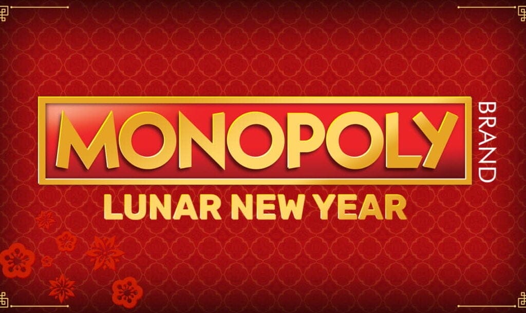 The Monopoly Lunar New Year online slot game banner featuring the game logo on a red background.