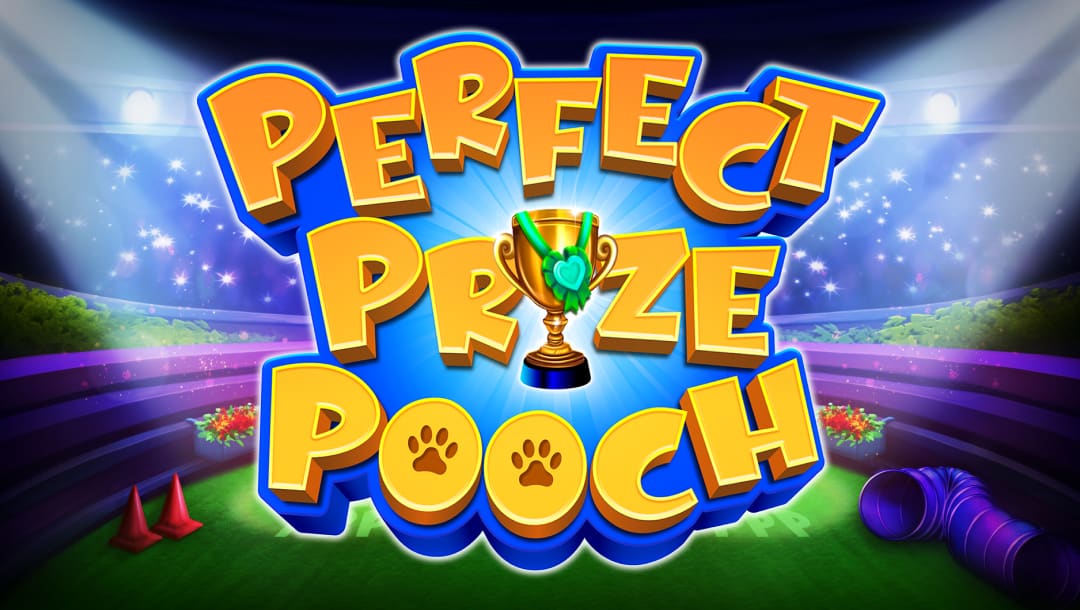 The title screen for Perfect Prize Pooch. The “i” in “Prize” is a trophy with a green ribbon on it, and the two “o” letters in “Pooch” have paw prints on them. Spotlights light up the logo, and the background is an obstacle course for a dog show with a crowd in the distance.