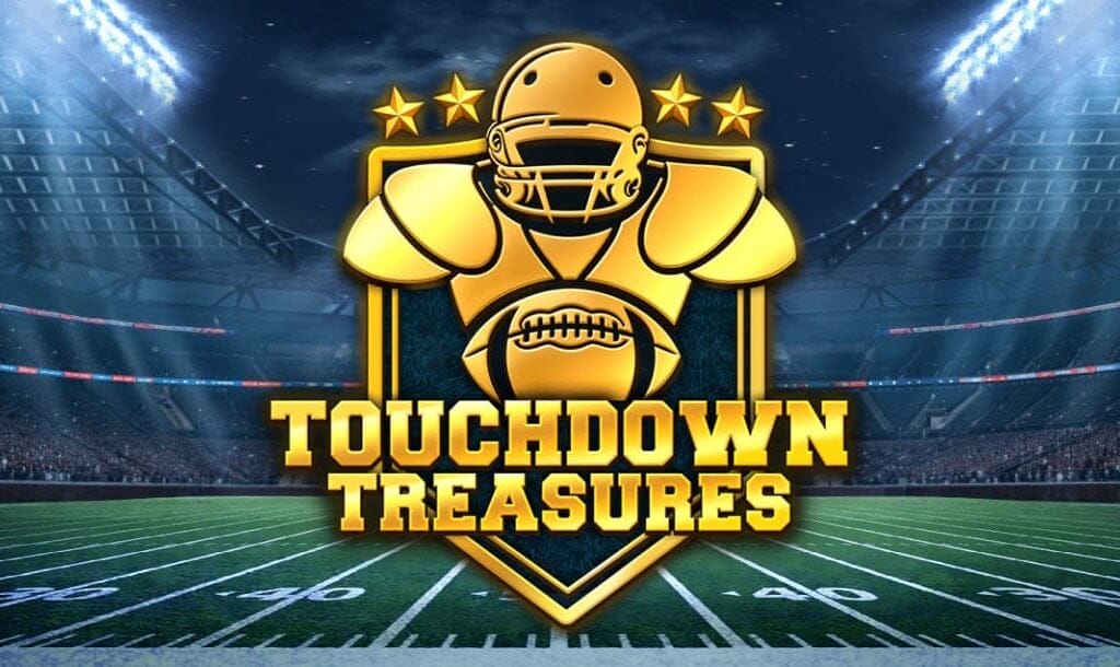 The Touchdown Treasures title screen. The background is a packed football stadium at night with bright lights shining down on the empty football field. In the foreground is the game’s golden logo and game title.