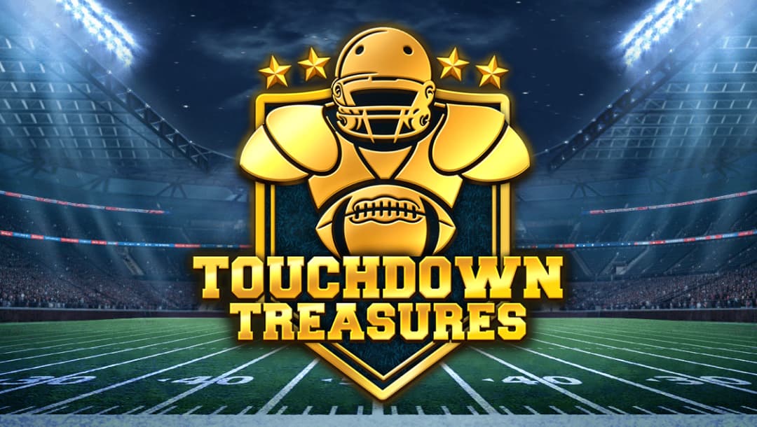 The Touchdown Treasures title screen. The background is a packed football stadium at night with bright lights shining down on the empty football field. In the foreground is the game’s golden logo and game title.