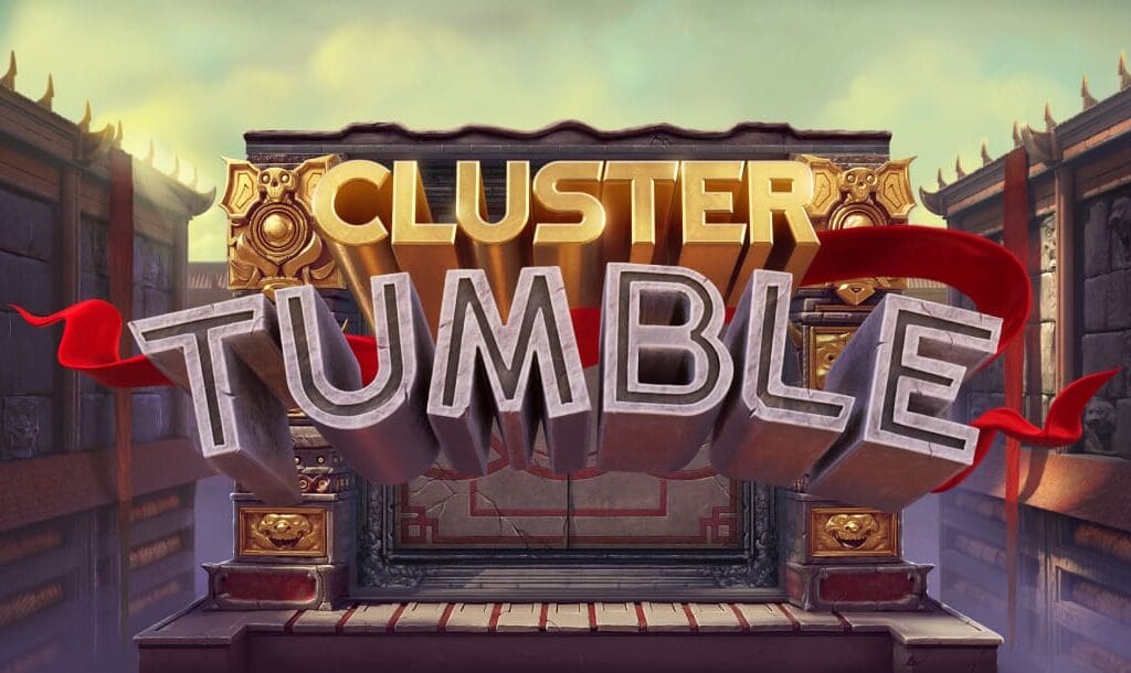 The Cluster Tumble online slot game banner featuring the game logo with a temple in the background.