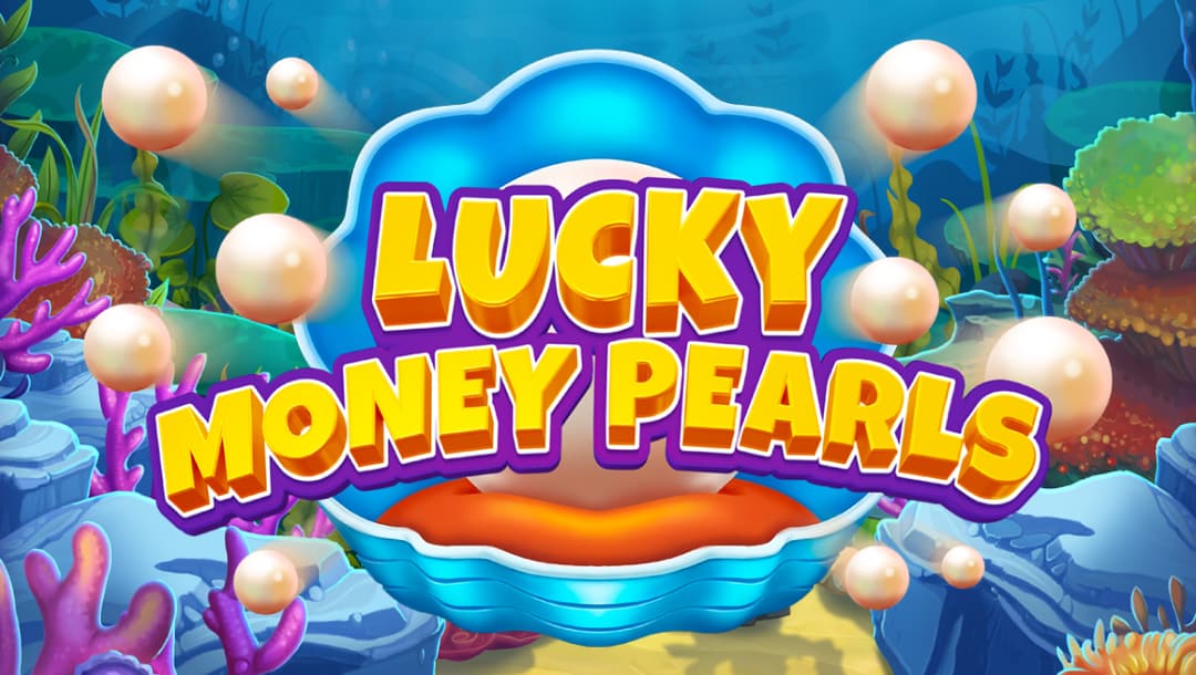 The Lucky Money Pearls online slot game banner featuring the game logo, with a clam shell, rocks, coral, and seaweed in the background.