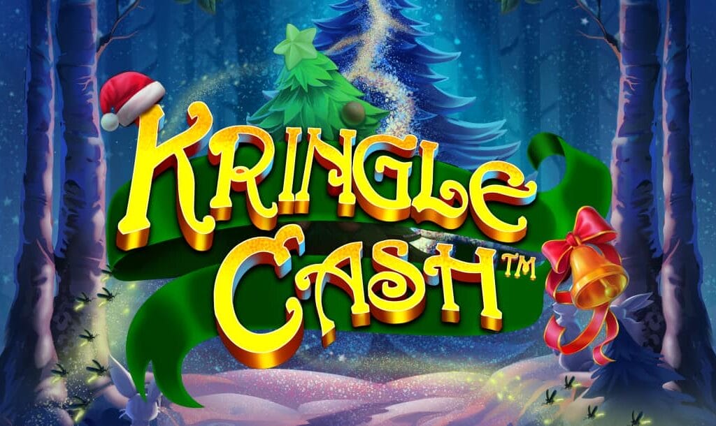 The Kringle Cash online slot game banner featuring the game logo with an enchanted forest in the background.