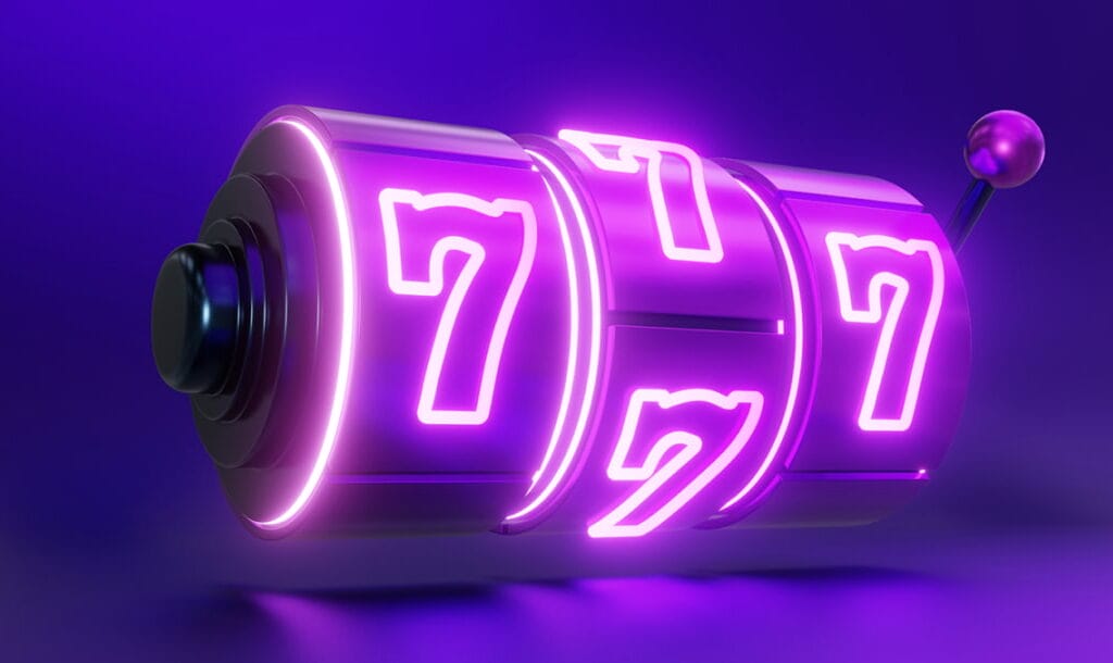 A vector image of a neon purple slot wheel showing a triple 7 on the screen, on a purple background.