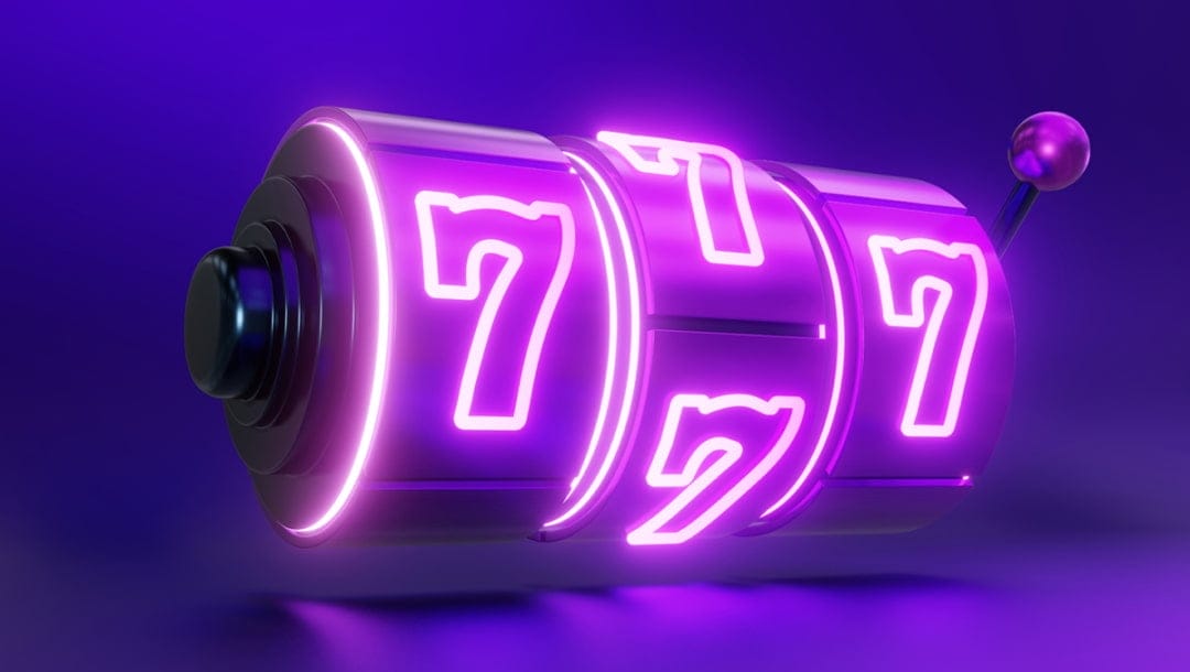 A vector image of a neon purple slot wheel showing a triple 7 on the screen, on a purple background.