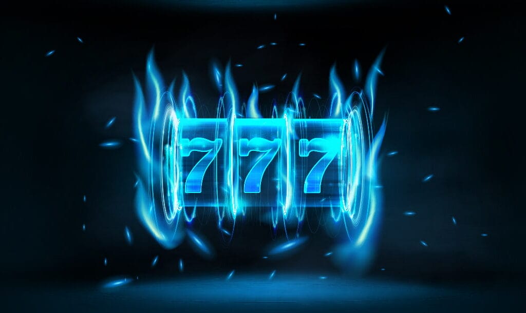 A vector image of a neon blue slot wheel spinning and showing a triple 7 on the screen, on a black background.