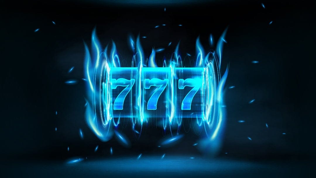 A vector image of a neon blue slot wheel spinning and showing a triple 7 on the screen, on a black background.