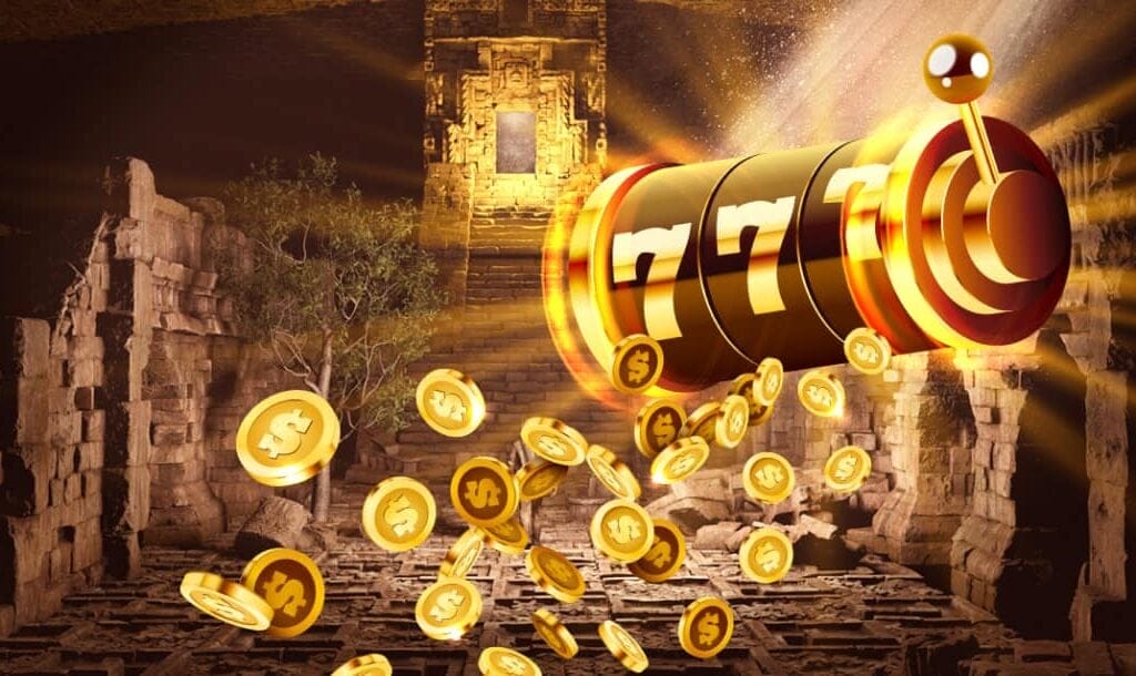 A concept image for slots based on ancient civilizations. A golden, 3-reel, cartoon slot with gold coins coming off it is in the foreground of the image and the background is ruins of an ancient temple.