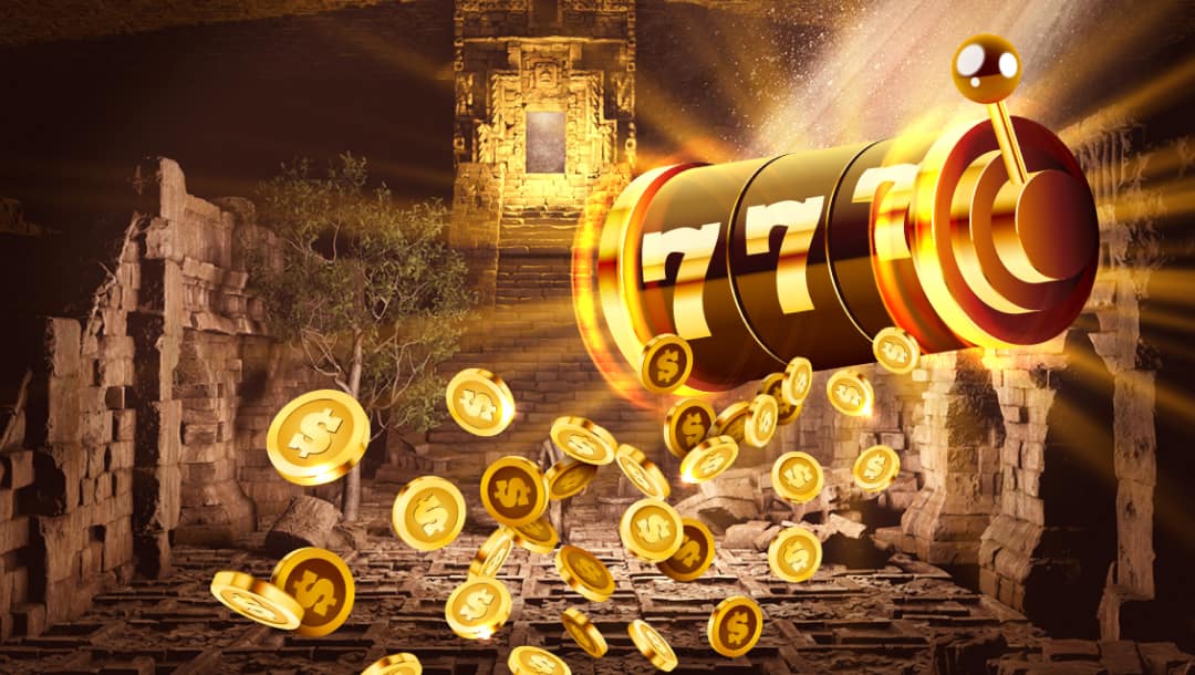 A concept image for slots based on ancient civilizations. A golden, 3-reel, cartoon slot with gold coins coming off it is in the foreground of the image and the background is ruins of an ancient temple.