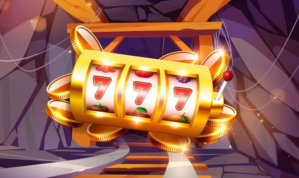 A vector image of a gold slot wheel with a triple seven on the screen, with gold coins piled up behind the wheel, and the inside of a mine in the background.