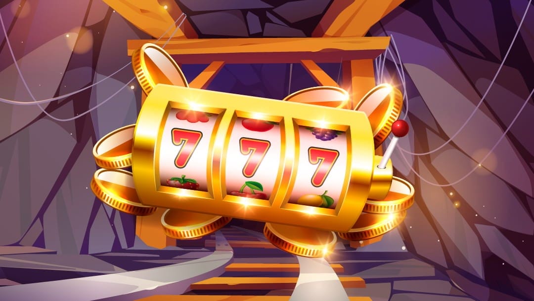 A vector image of a gold slot wheel with a triple seven on the screen, with gold coins piled up behind the wheel, and the inside of a mine in the background.