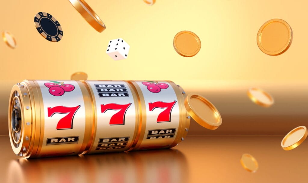 A vector image of a gold slot wheel with a triple seven win, with gold coins, a playing dice, and a casino chip raining down. The background is gold.