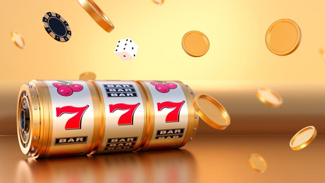 A vector image of a gold slot wheel with a triple seven win, with gold coins, a playing dice, and a casino chip raining down. The background is gold.