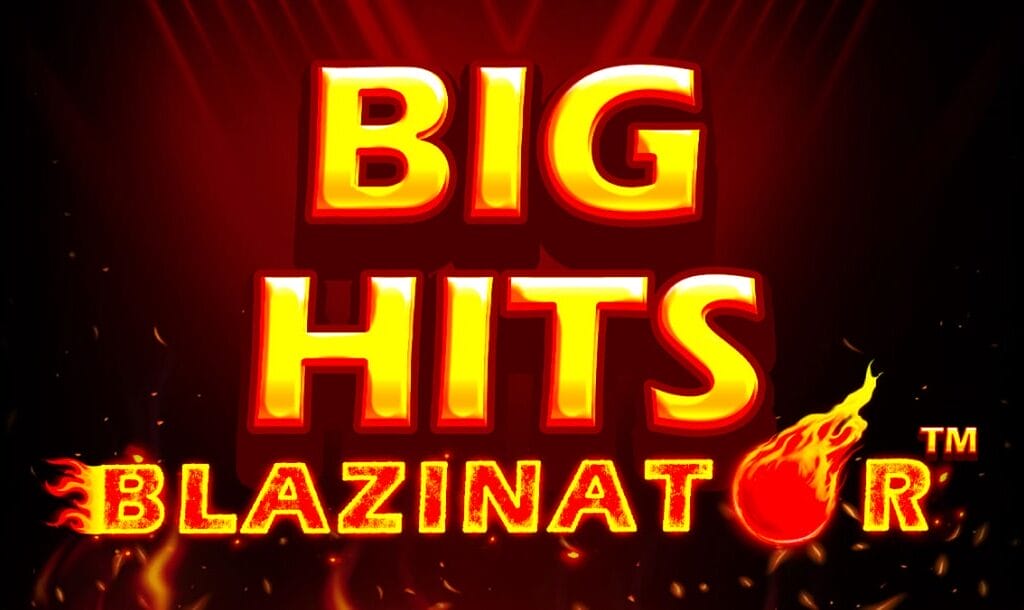 A title screen for Big Hits Blazinator. The words “Big Hits” are spelled out in large capital letters with a red and gold design. The word “Blazinator” looks like it is on fire due to glowing yellow borders around the red letters, flames coming off the “B” and the “O” being replaced by a fireball.