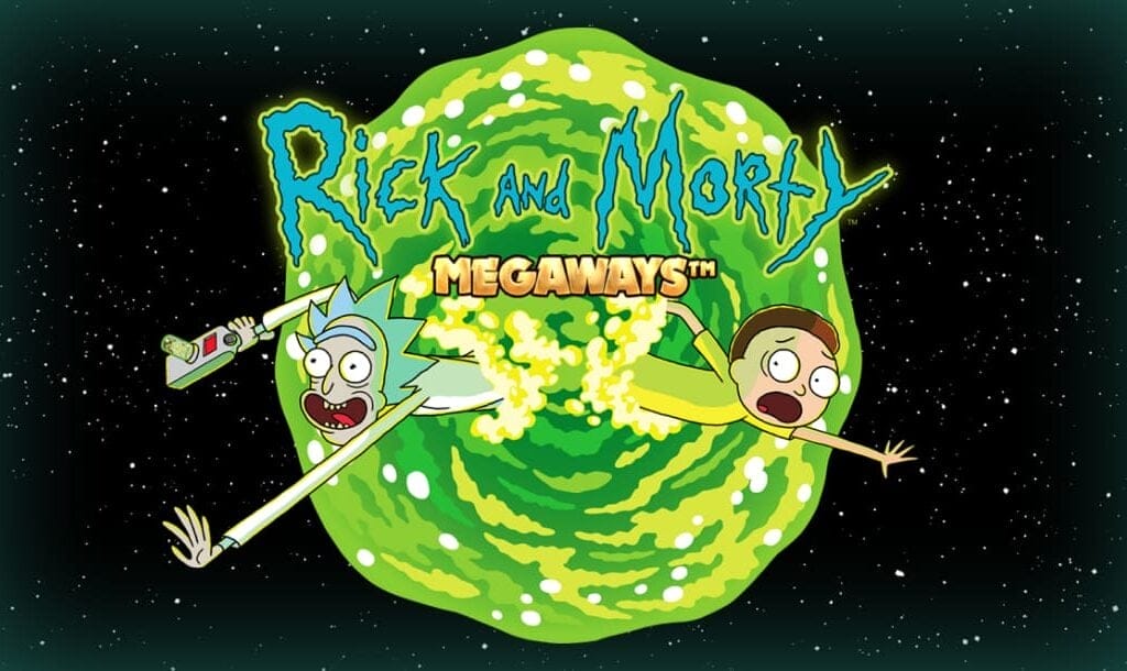 The Rick and Morty Megaways online slot game banner featuring the game and tv show logo, with Rick and Morty coming out of a green portal, with a space-setting in the background.