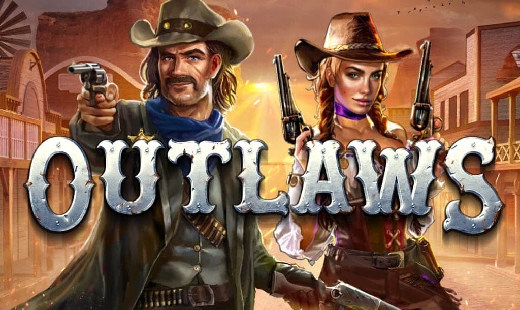 The Outlaws online slot game banner featuring the game logo, with characters from the game in an old western town in the background.