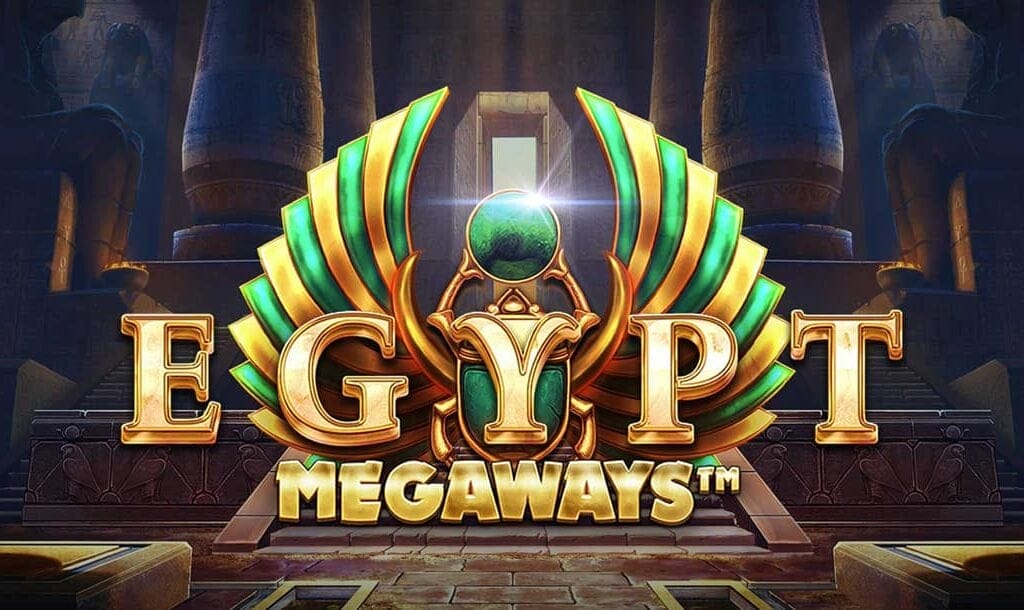 The title screen for Egypt Megaways. The game title is written in gold letters and has a gold and green scarab beetle behind it. The beetle is holding a round emerald gem. In the background, there is a dark Egyptian temple with faint rays of sun lighting up certain sections.