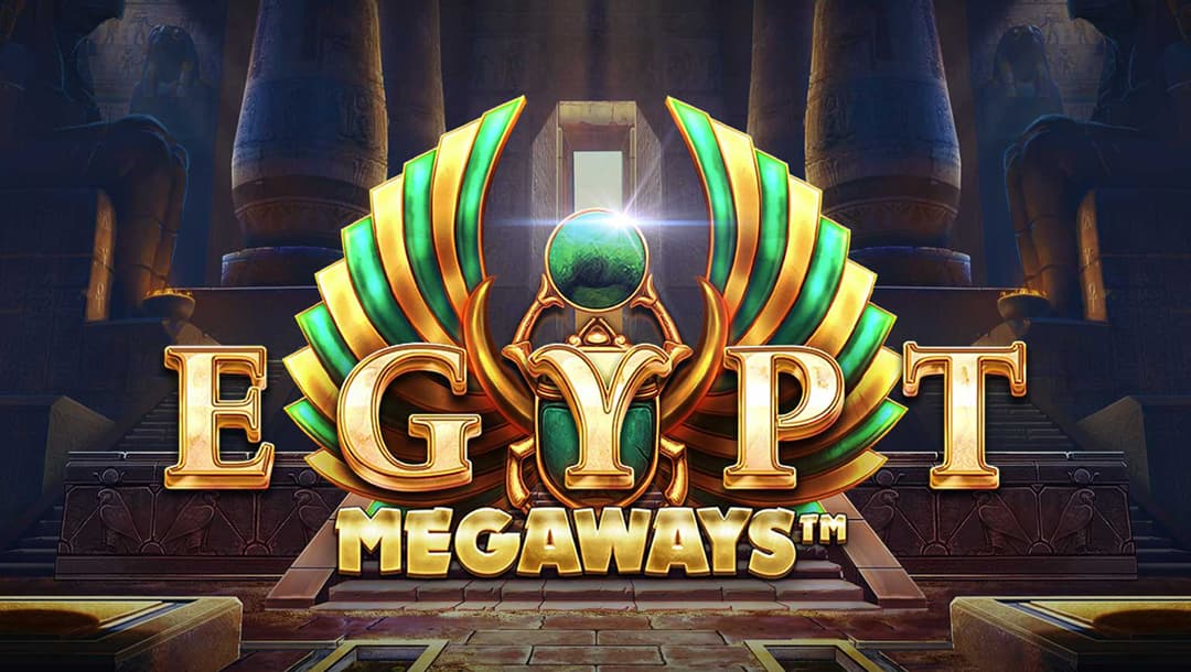 The title screen for Egypt Megaways. The game title is written in gold letters and has a gold and green scarab beetle behind it. The beetle is holding a round emerald gem. In the background, there is a dark Egyptian temple with faint rays of sun lighting up certain sections.