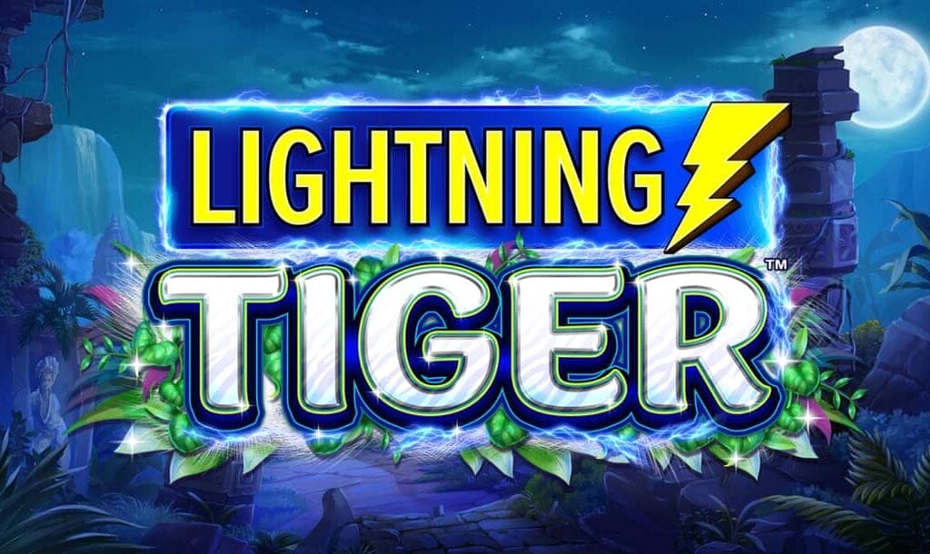 The Lightning Tiger online slot game banner featuring the game logo, and a moonlit jungle in the background.