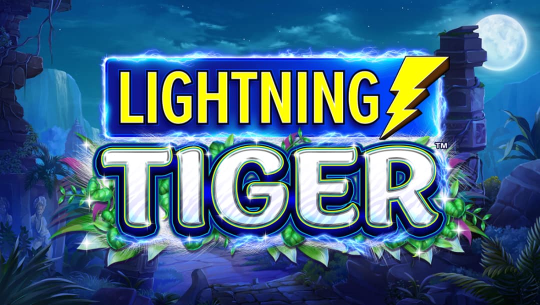 The Lightning Tiger online slot game banner featuring the game logo, and a moonlit jungle in the background.