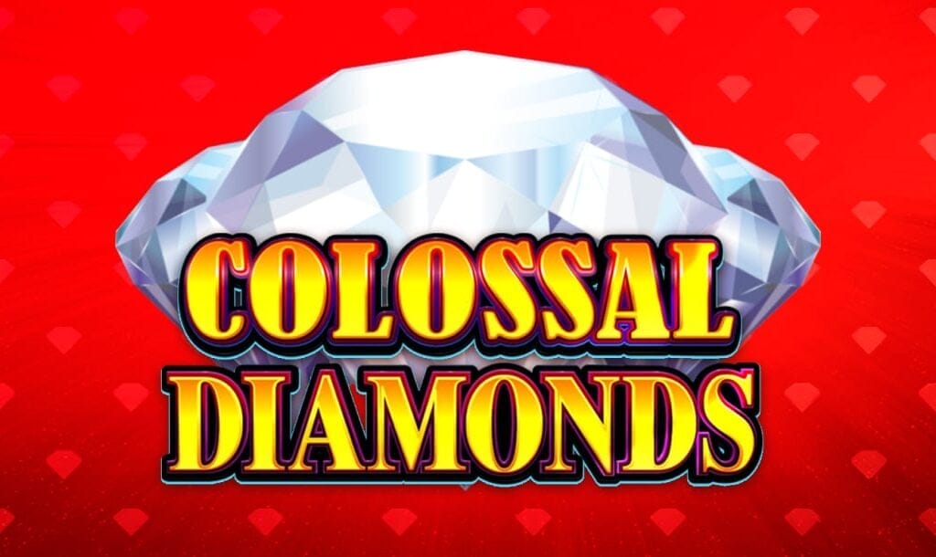 The title screen for Colossal Diamonds. The game title is spelled out in gold, capital letters with red and black borders. Behind it, there are three giant diamonds. The red background is decorated by scattered diamond shapes.