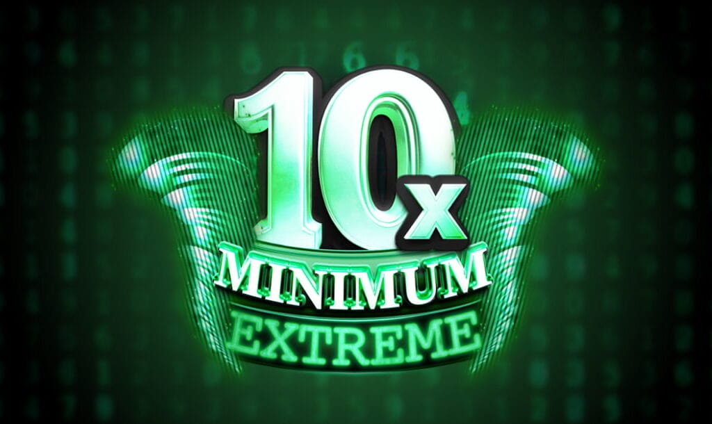 The title screen for 10x Minimum Extreme. The game title is spelled out in neon green letters. The background is a collection of slightly faded neon green numbers arranged in vertical rows.