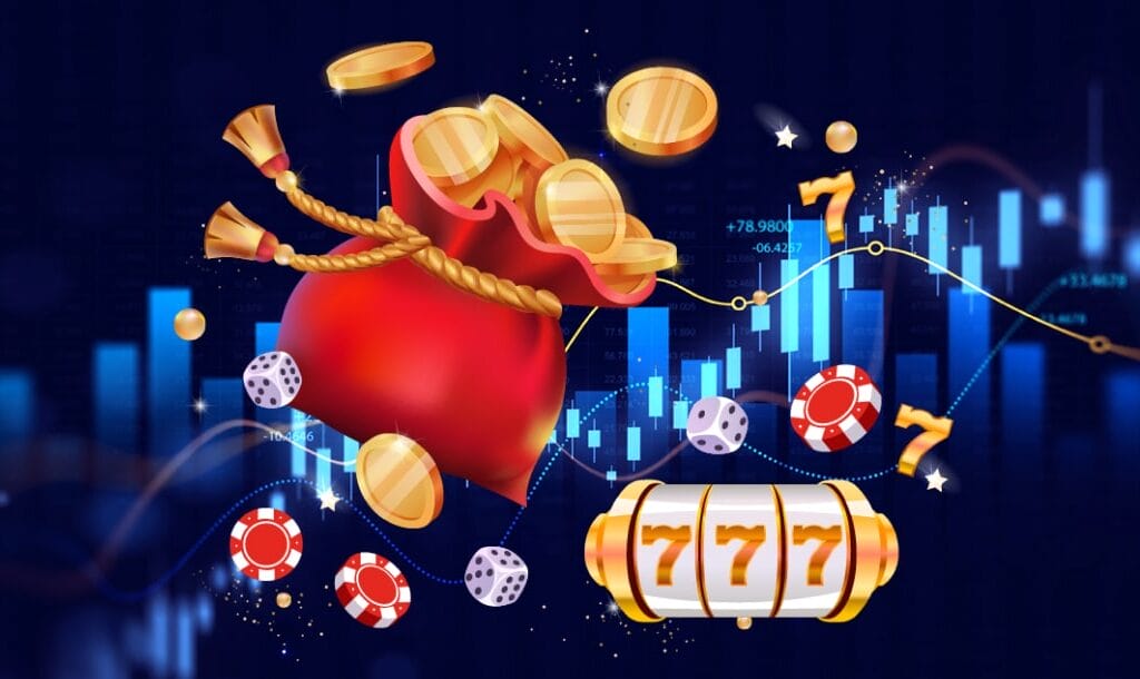 Illustrations of bags of coins, casino chips, dice, gold sevens, and a golden roulette wheel set against a background with bar and line graphs.