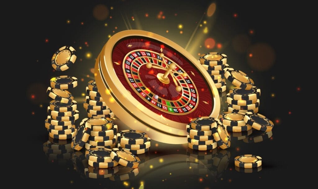 A leaning golden roulette wheel against a black background. It’s surrounded by gold and black casino chips.