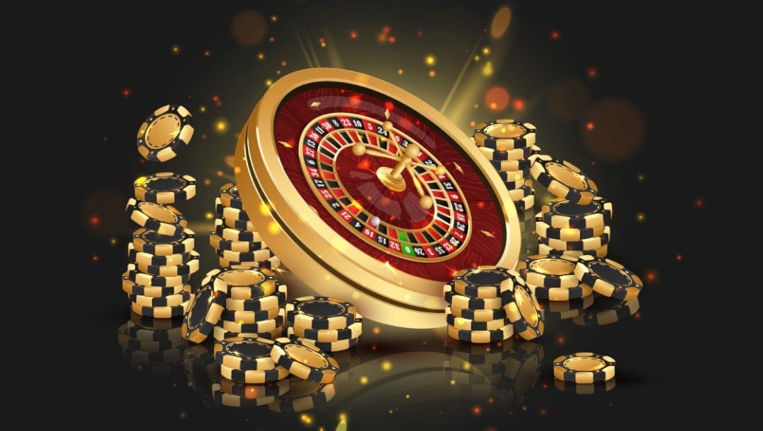 A leaning golden roulette wheel against a black background. It’s surrounded by gold and black casino chips.