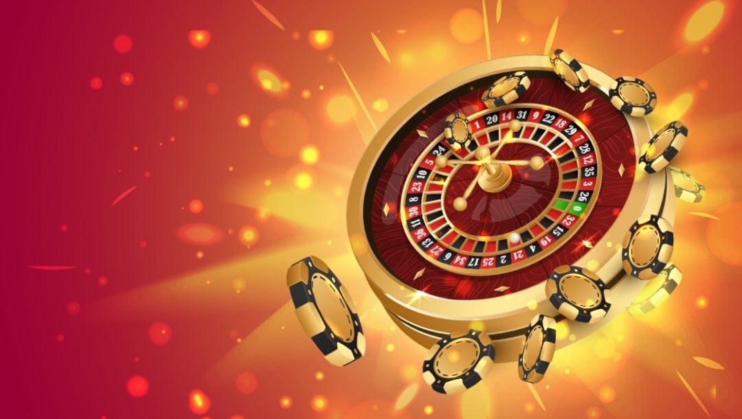 An illustration of a floating golden roulette wheel surrounded by black and gold casino chips. A bright light shines from behind it. It’s placed against an orange and red background.