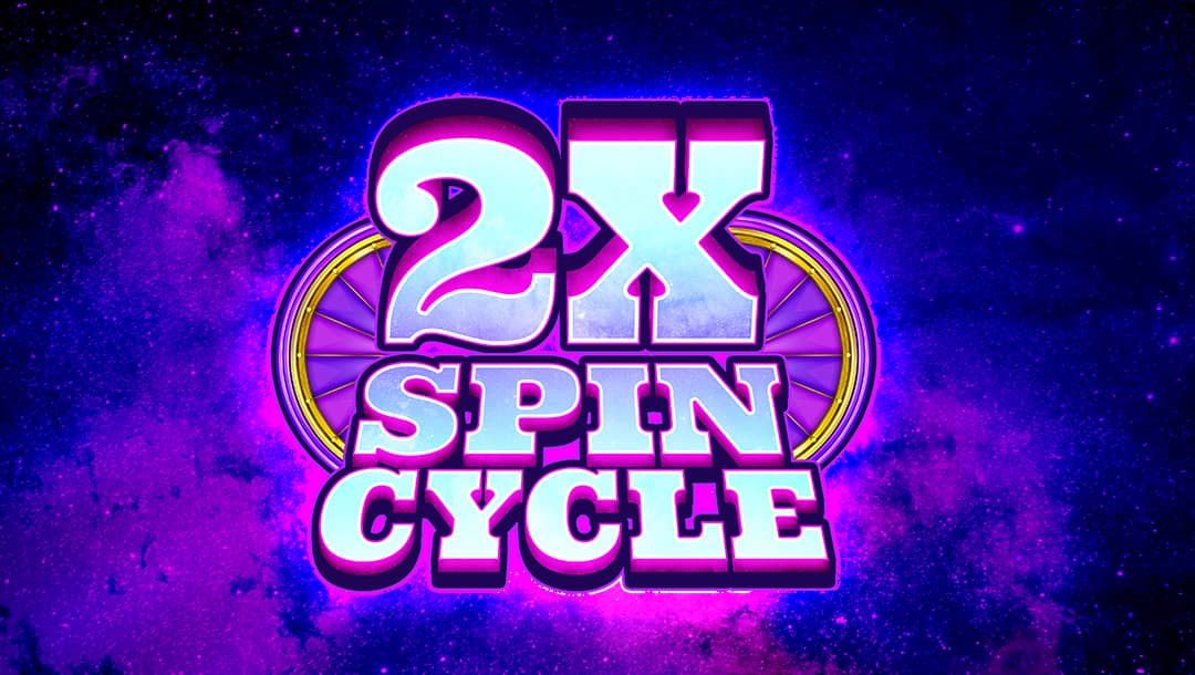 The title screen of the 2X Spin Cycle slot game. The game title is spelled out in bright silver letters which each have two frames, one magenta and one purple, creating a 3D effect. Two bonus wheel icons appear behind the title. The background is a galaxy filled with tiny stars and purple and blue light.