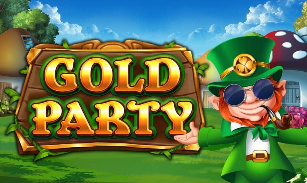 The Gold Party slot title screen. The background is a lush village with mushroom houses. It’s surrounded by green trees and blue skies with large clouds on the horizon. In the foreground is the game title and the game’s leprechaun mascot.