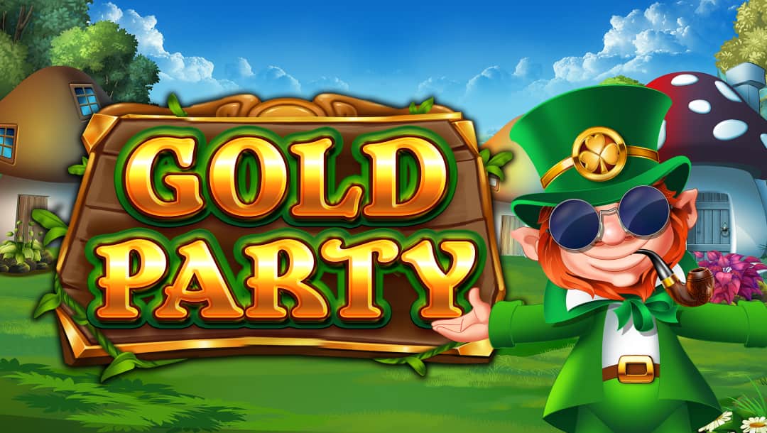 The Gold Party slot title screen. The background is a lush village with mushroom houses. It’s surrounded by green trees and blue skies with large clouds on the horizon. In the foreground is the game title and the game’s leprechaun mascot.