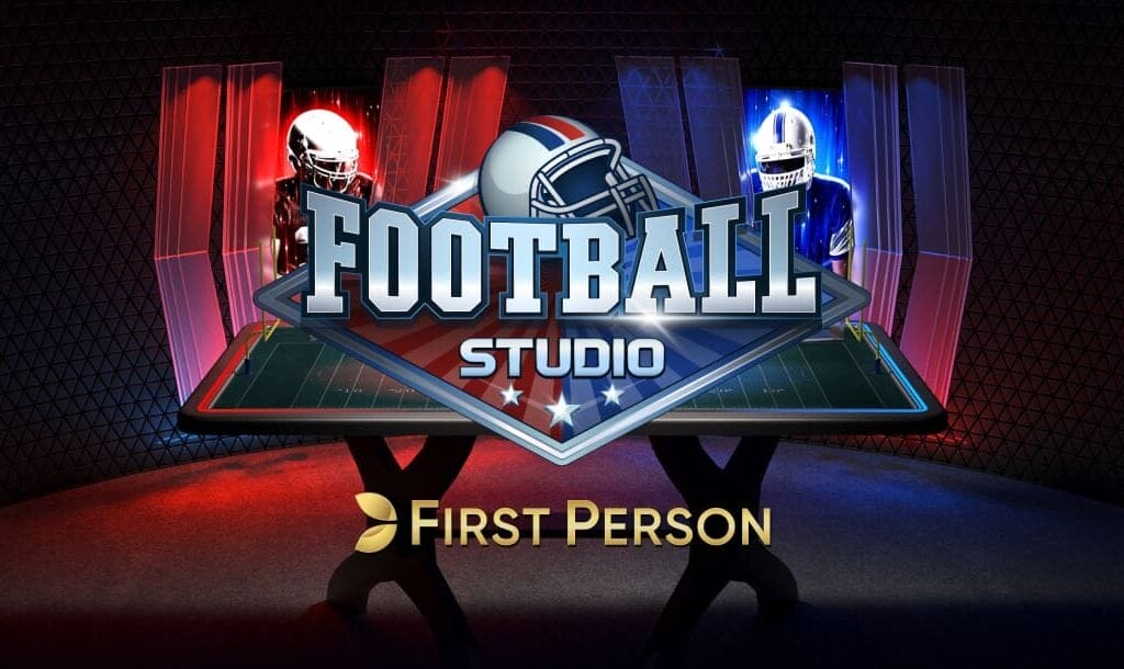 The First Person Football Studio online casino game banner featuring the game logo, and two football players above a model football field, with red and blue highlights.