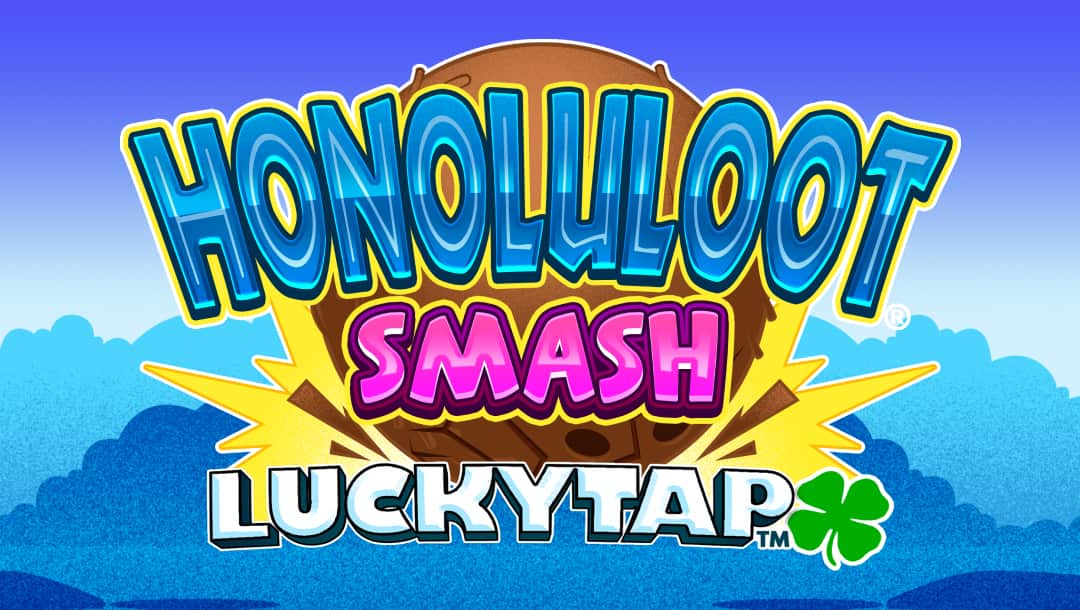 The Honoluloot Smash LuckyTap online slot game banner featuring the game logo and blue shapes in the background.