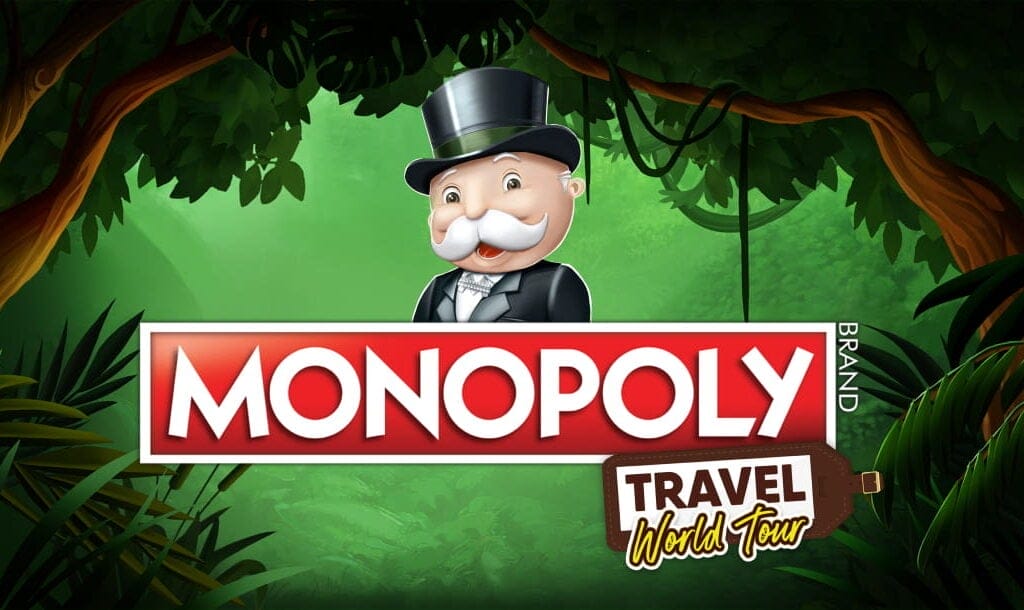 The Monopoly Travel World Tour title screen. The background is a lush jungle. In the foreground is the game title with Mr. Monopoly above it.