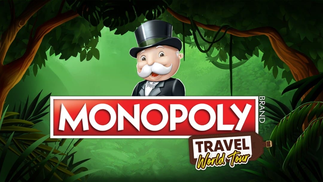 The Monopoly Travel World Tour title screen. The background is a lush jungle. In the foreground is the game title with Mr. Monopoly above it.