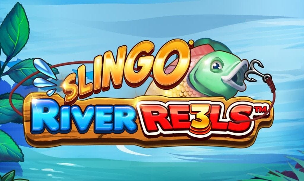 The title screen for Slingo River Re3ls. The words “River Re3ls” appear on a wooden plank with a fishing line around it. The fishing hook at the end of the line is in front of the open mouth of a fish, which is behind the game logo. The background is a river with a few leaves visible on either side of the logo.